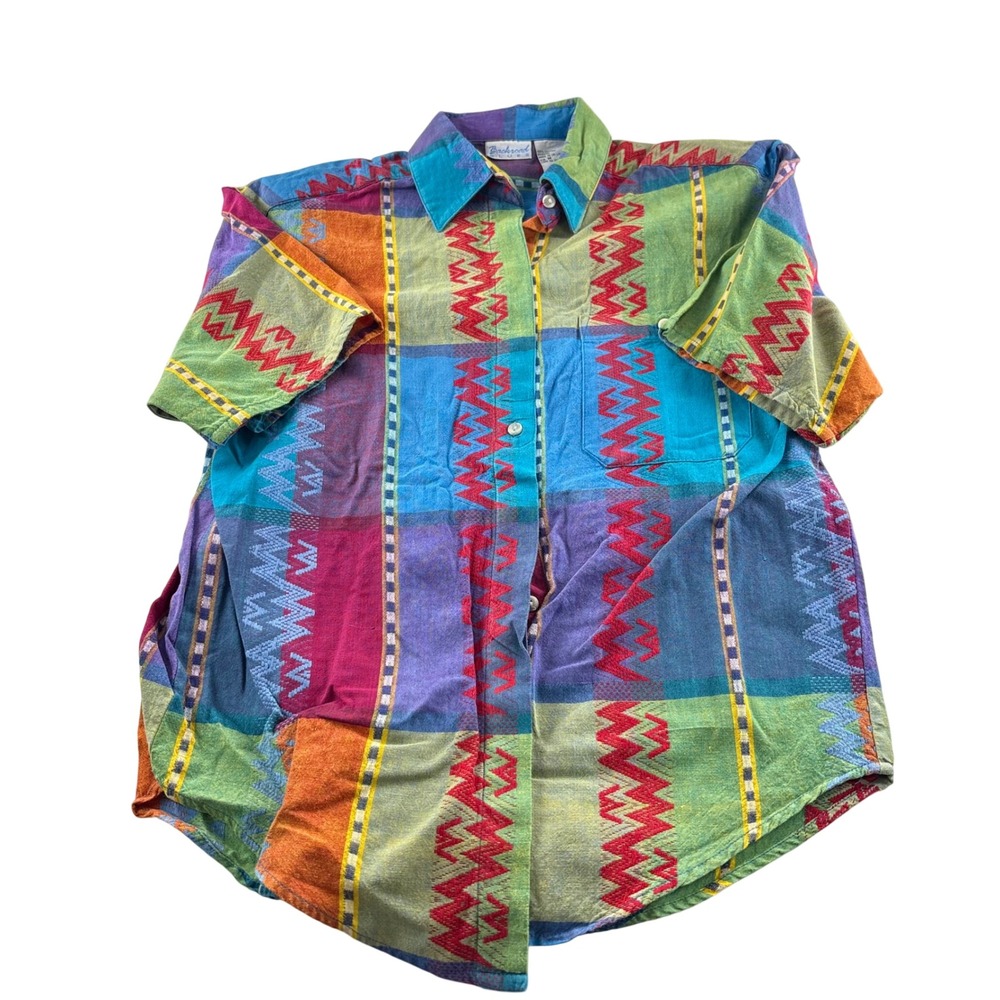 Vintage Backroad Blues Multicolor Patchwork Geometric Cotton Button Down Shirt M